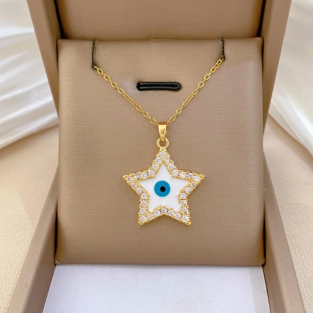 Evil Eye Star Pendant Necklace Gold Plated Stainless Steel Copper Cubic Zirconia Enamel Elegant Jewelry For Women