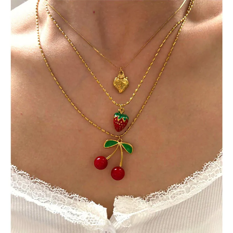 Edelstahl Frucht Halskette 18K Vergoldet Emaille Kirsche Erdbeere Anhänger Perlenkette Süßer Schmuck Für Damen