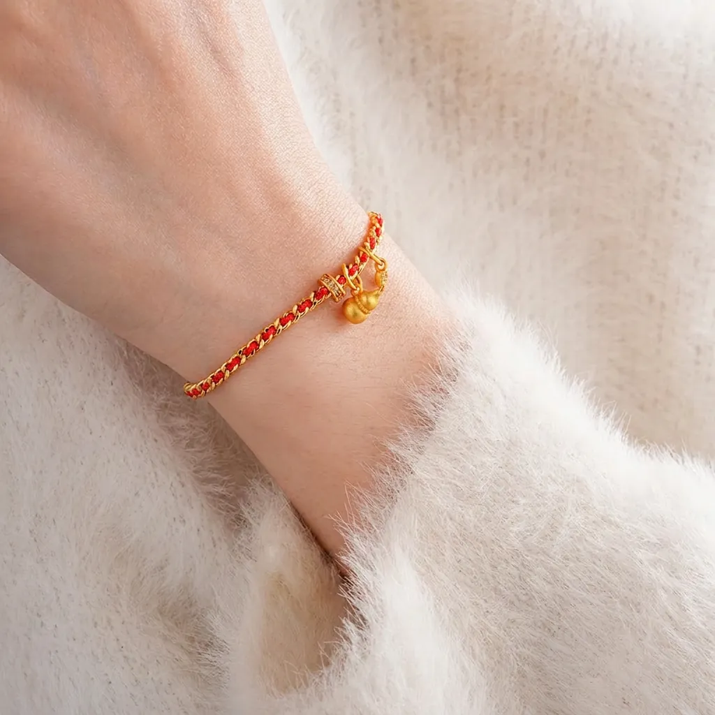 Bracelet Tressé Corde Rouge Cuivre Plaqué Or Hulu Cœur Pendentif Zircon Style Chinois Ajustable Femmes