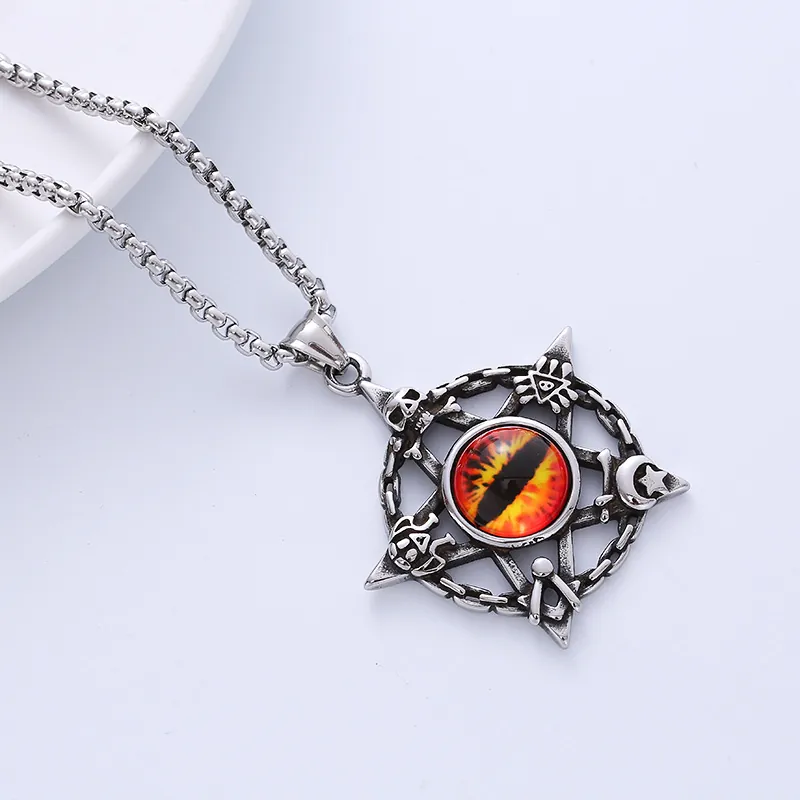 Retro Gothic Pentagram Skull Pendant Necklace 316L Stainless Steel With Orange Red Eye Punk Rock Jewelry For Men
