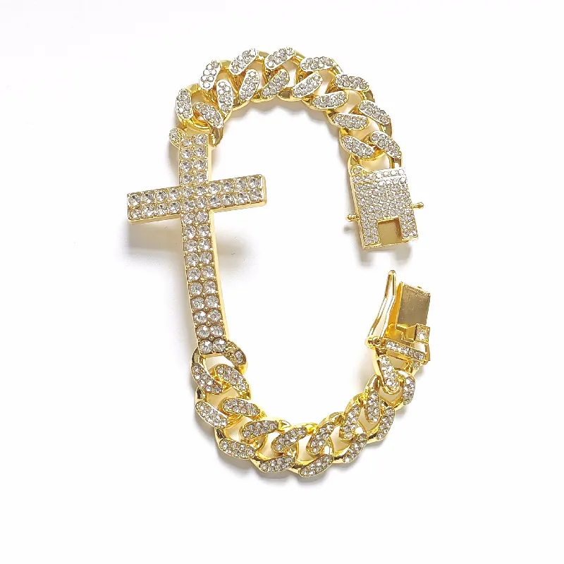 Cuban Link Bracelet With Iced Out Cross Pendant Alloy Rhinestone Hip Hop Jewelry For Men And Women