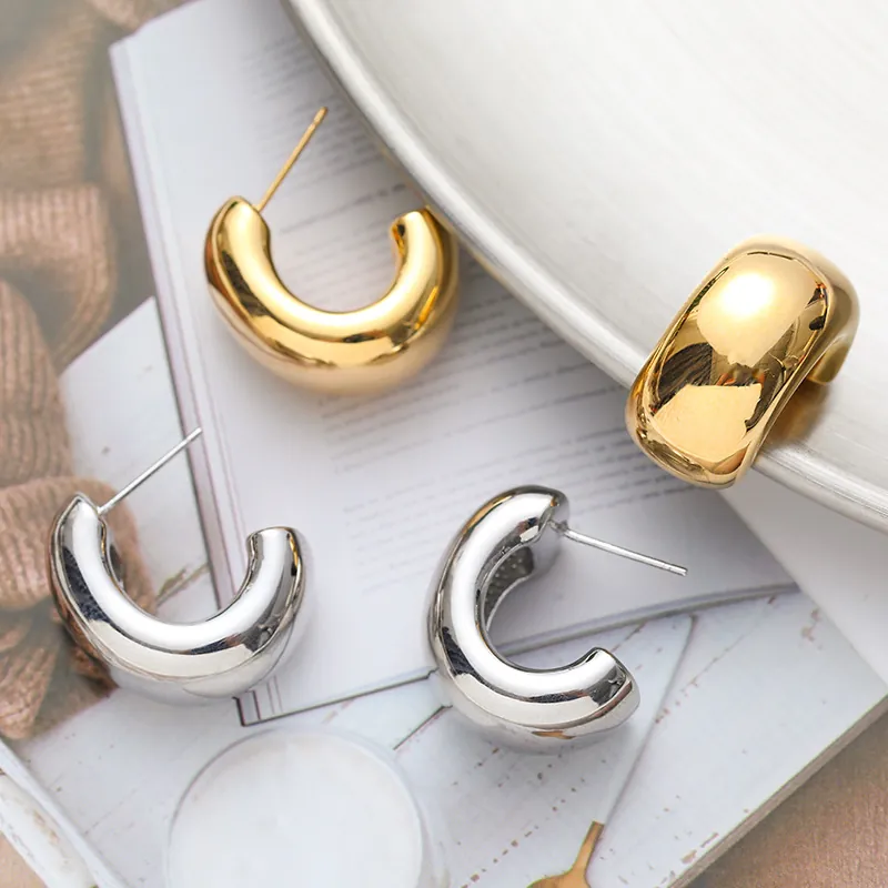Chunky C-Shaped Hoop Earrings For Women Minimalist Mirror Polished Copper With 925 Sterling Silver Earring Post