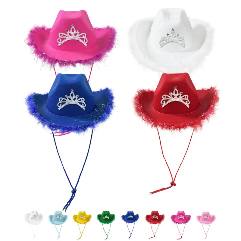 Cappello Da Cowboy Con Tiara Corona Di Strass Bordo Di Piume Costume Da Festa Western Moda Stile Y2K Per Donne Ragazze