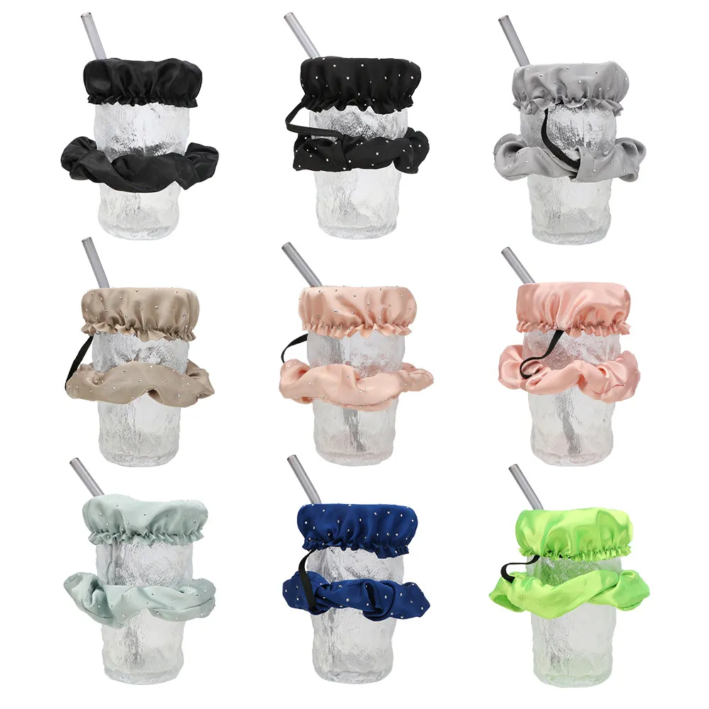 Satin Scrunchie Drink Cover Anti Spiking Cup Protector With Rhinestones Elastic Hair Tie For Nightclub Party Safety
