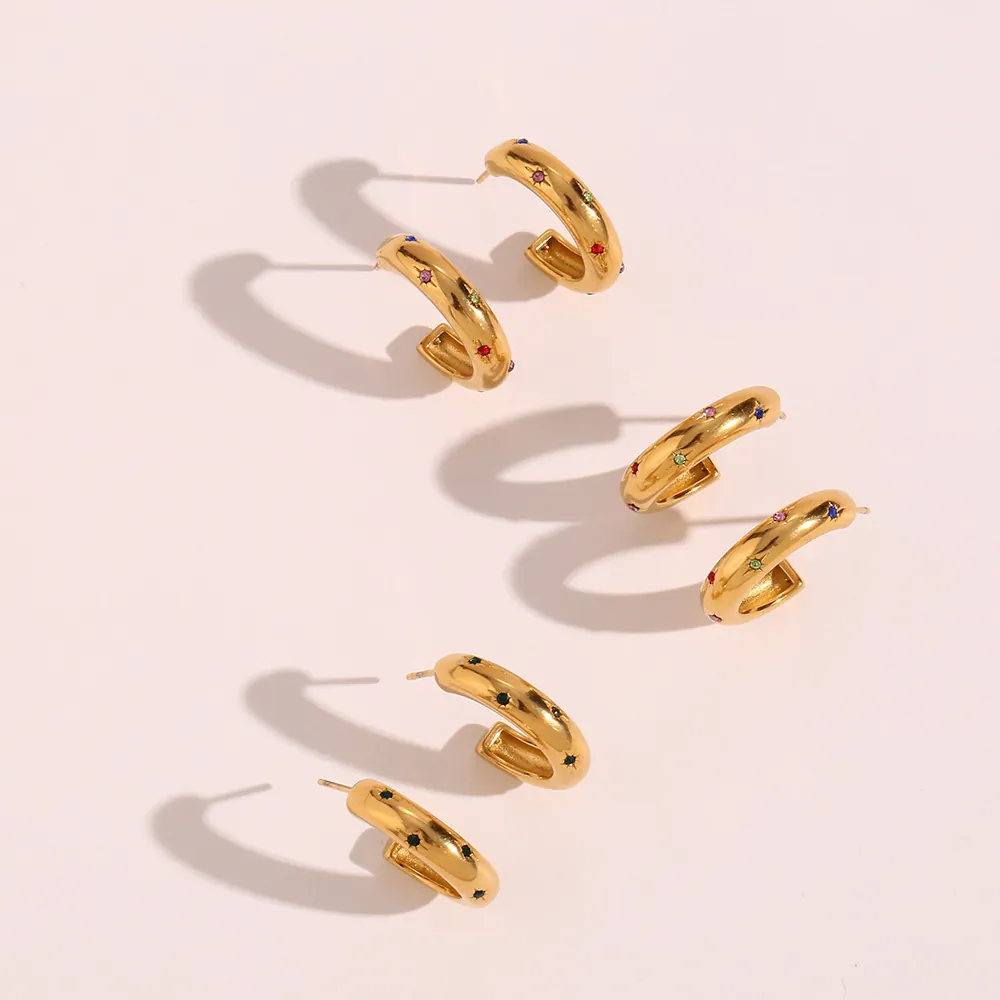 Orecchini A Cerchio In Acciaio Inossidabile Placcati Oro Con Zirconi Colorati Castone A Stella Forma A C