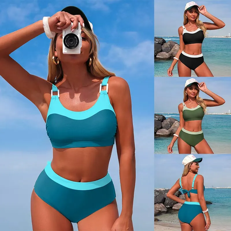Contrast Color Women Bikini Swimsuit High Waisted Bottoms Sporty Vest Top Back Tie Beachwear Elastic Nylon