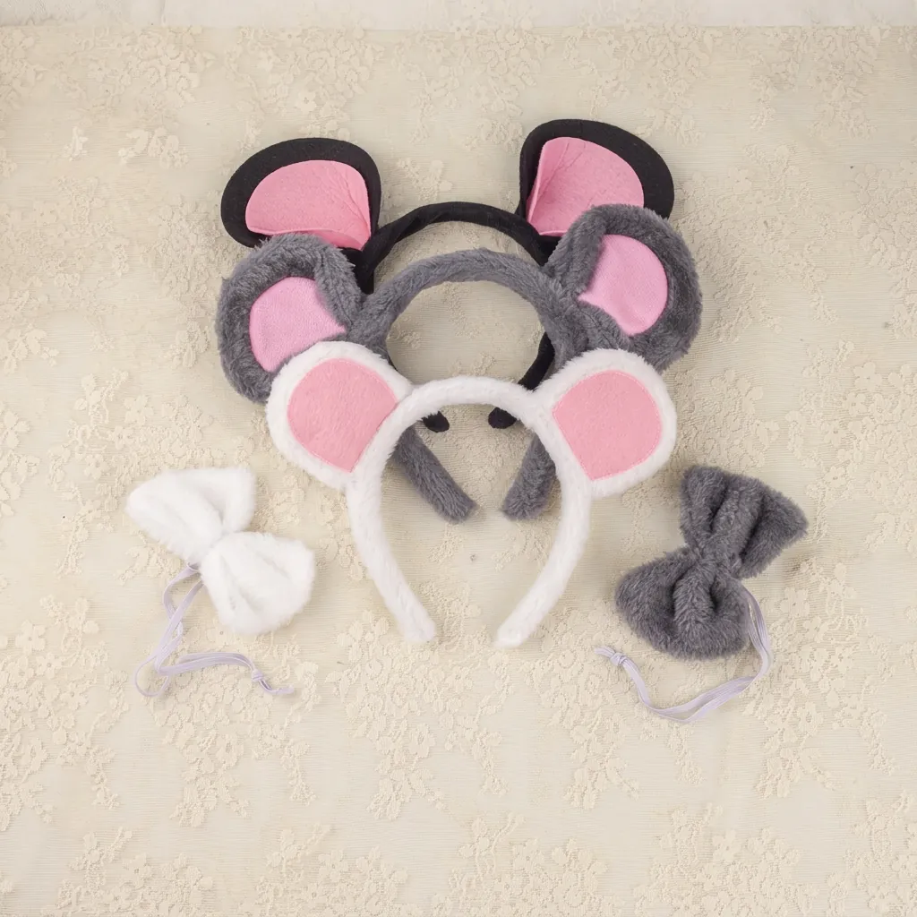 Cute Plush Mouse Ear Headband And Bow Tie And Tail Costume Accessories For Halloween Cosplay Party Cartoon Faux Fur