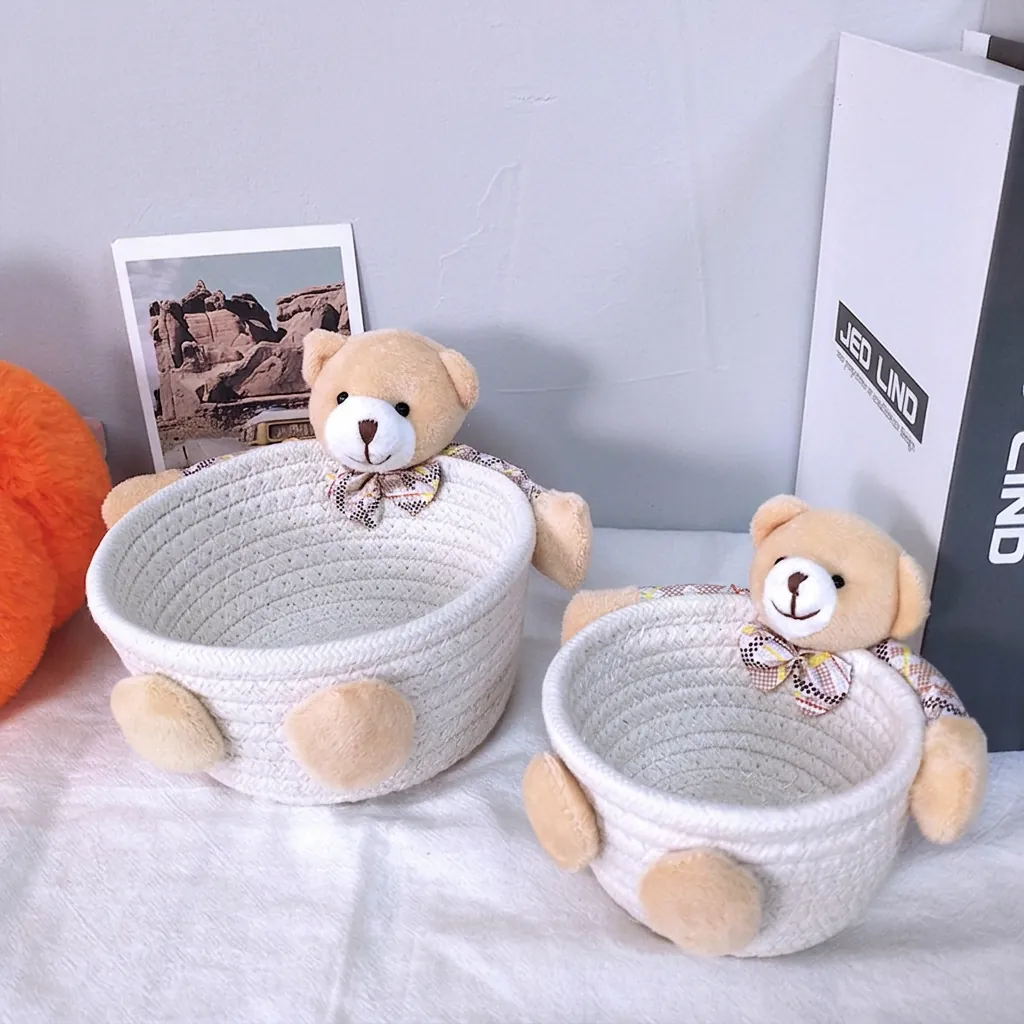 Woven Storage Basket Cotton Rope Plush Bear Rabbit Decoration Desktop Organizer Cute Home Decor Sundries Bin Container