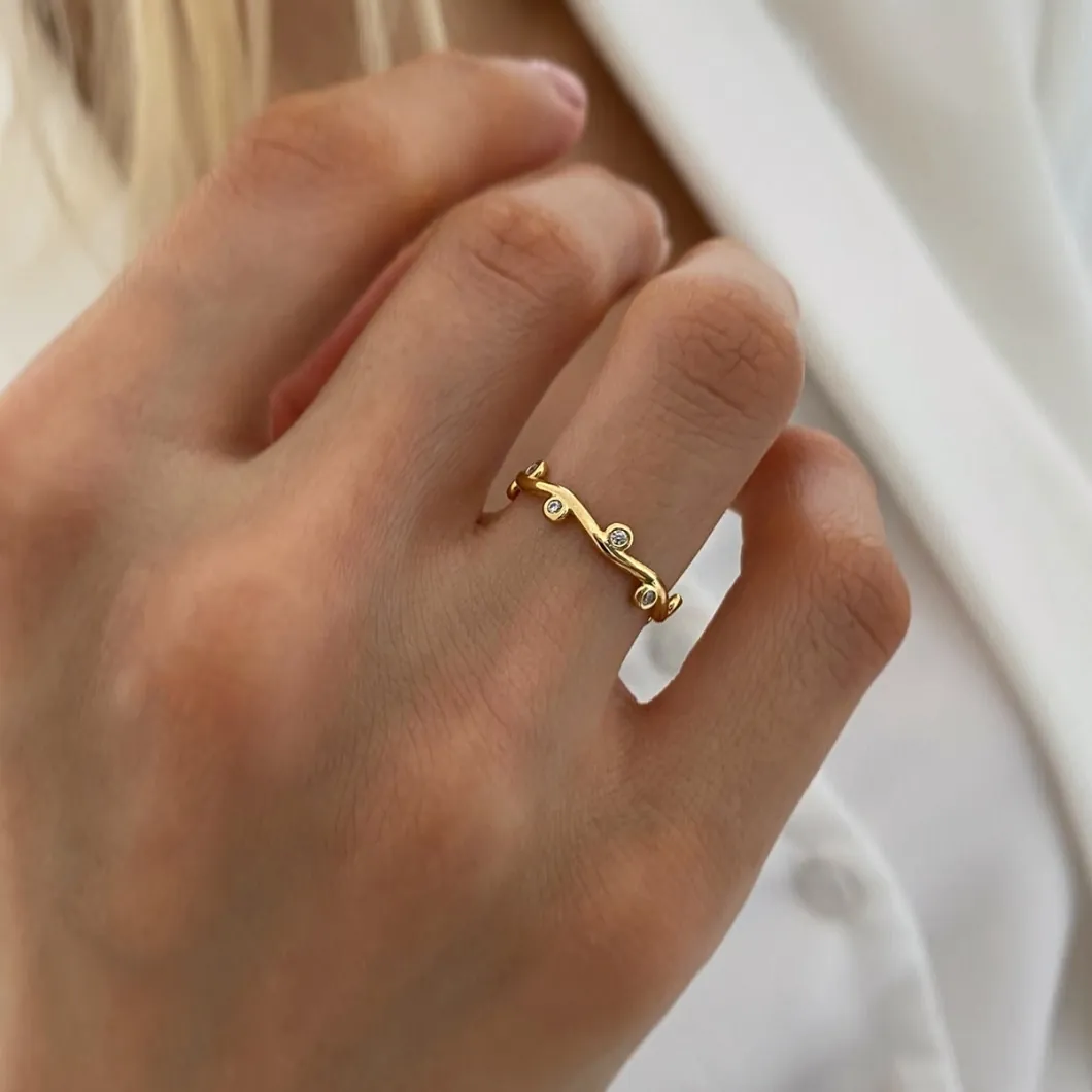 French Minimalist Stainless Steel Gold Plated Wave Open Ring For Women Inlaid Rhinestone Finger Adjustable Jewelry