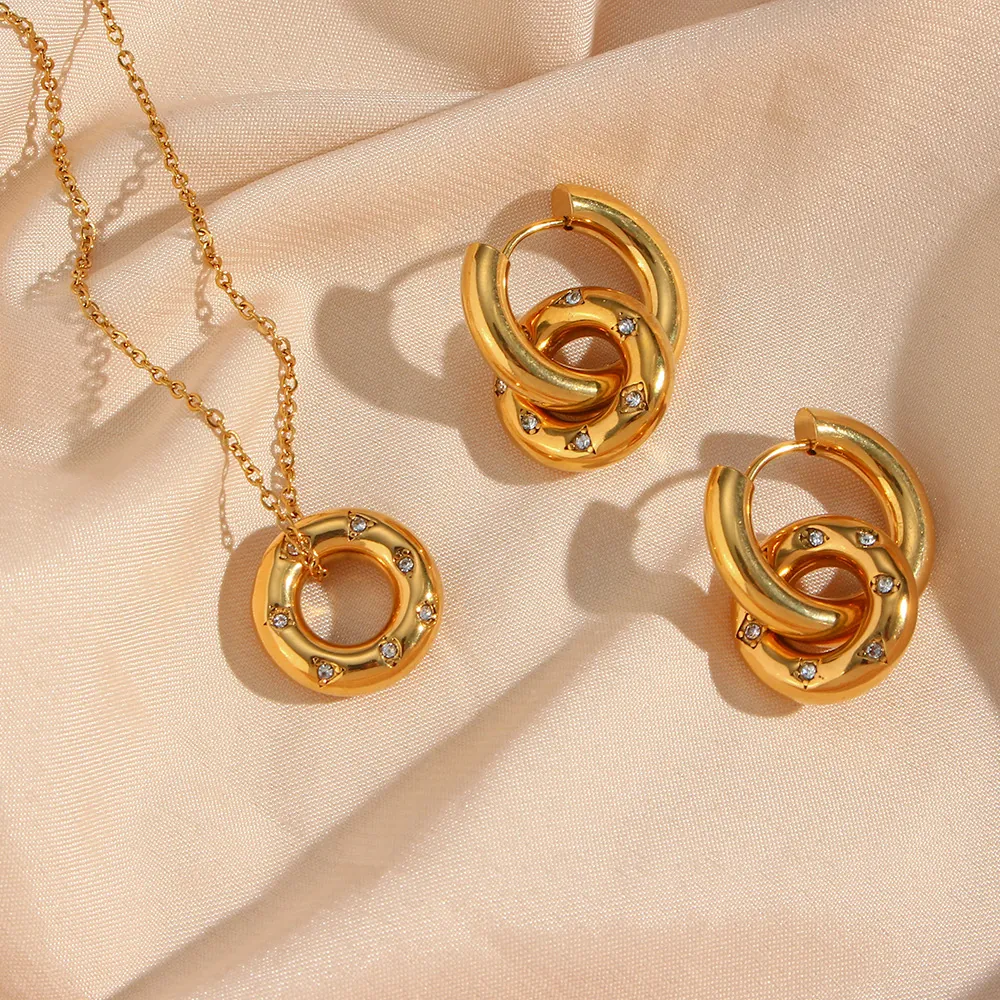 Donut Pendant Necklace And Hoop Earrings Stainless Steel Gold Plated Zircon Geometric Elegant Fashion Jewelry For Women