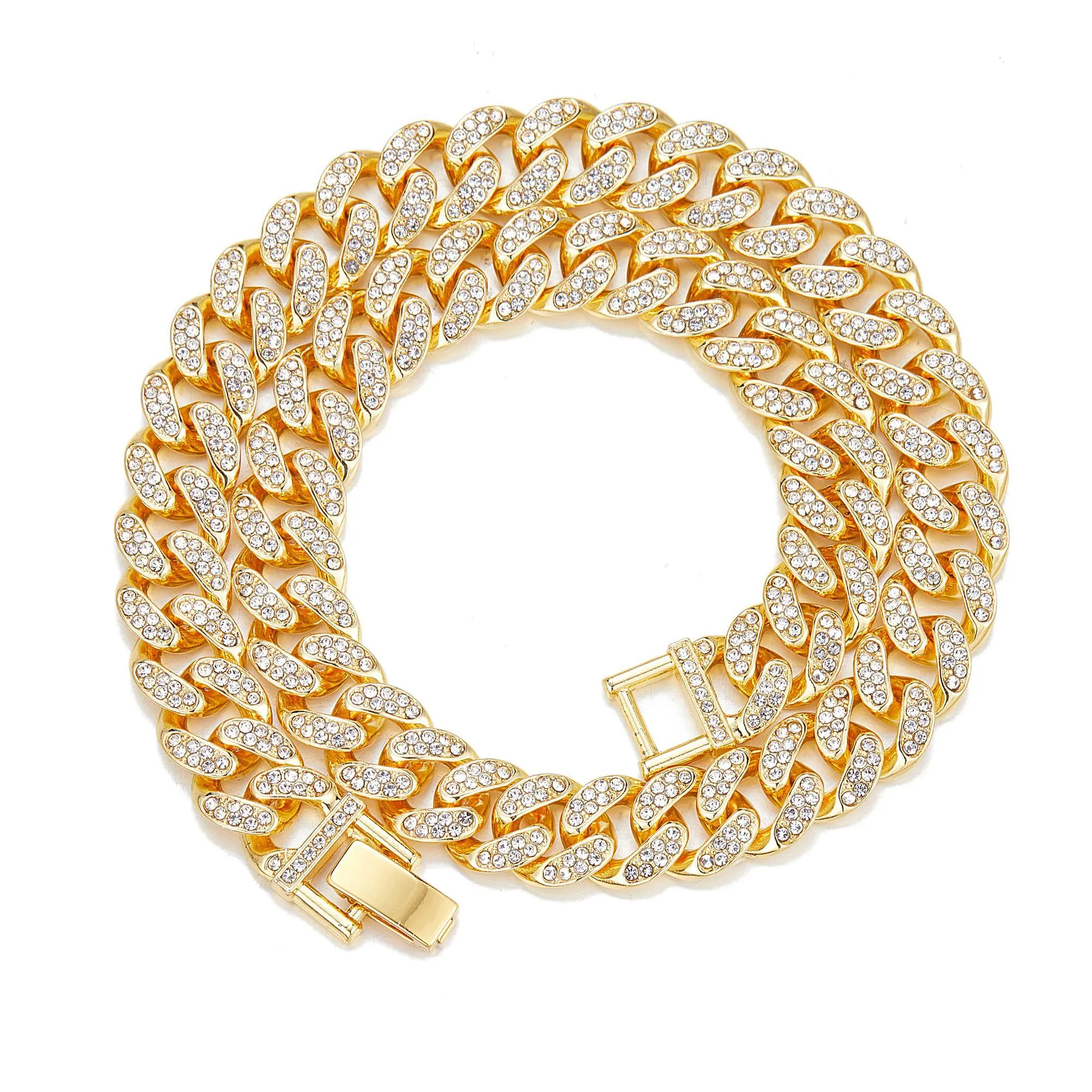 Hip Hop Iced Out Cuban Link Chain Necklace Bracelet Zinc Alloy Shiny Rhinestone Streetwear Jewelry For Men And Women