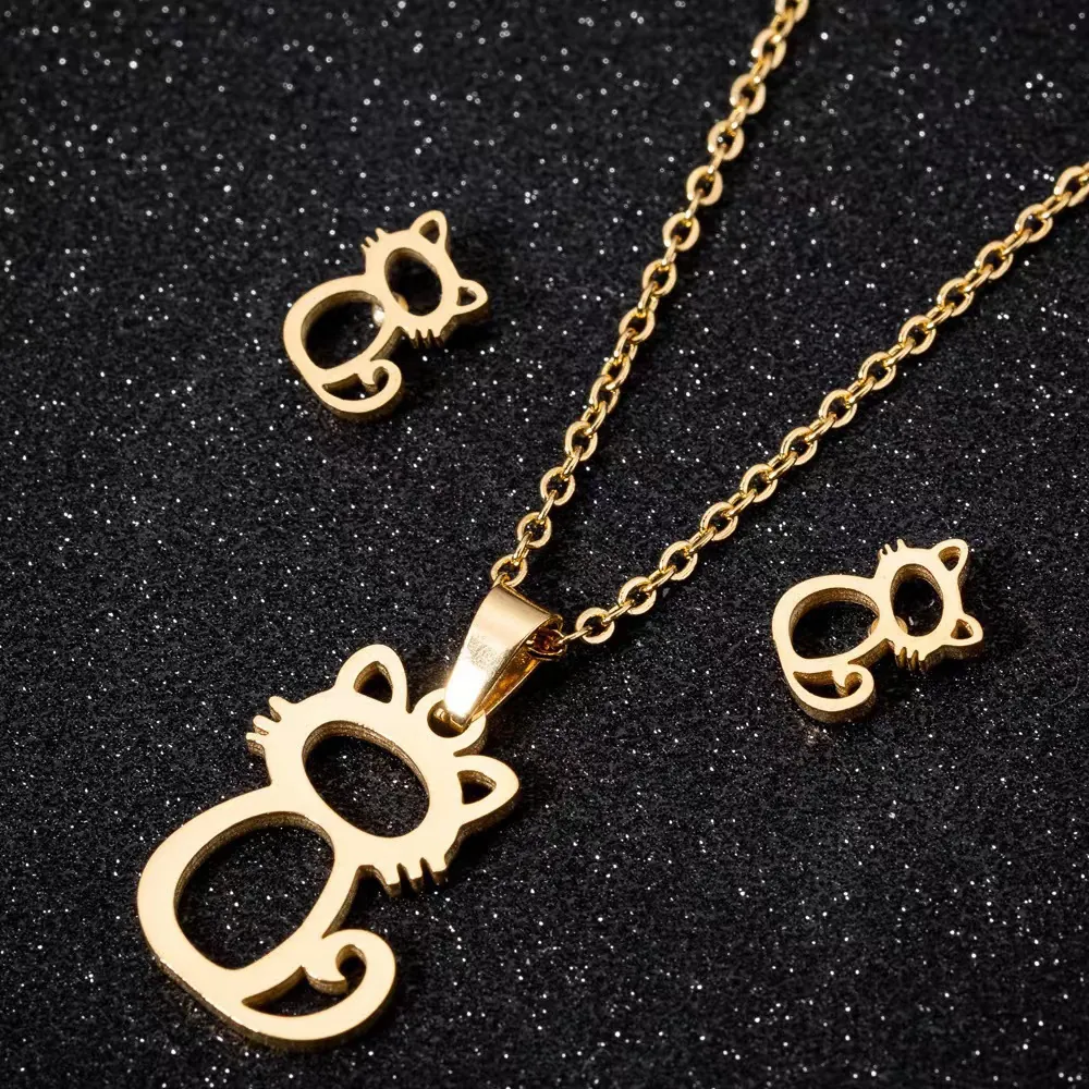 Stainless Steel Hollow Cat Necklace And Stud Earrings Cute Animal Minimalism Elegant Jewelry For Women Girls