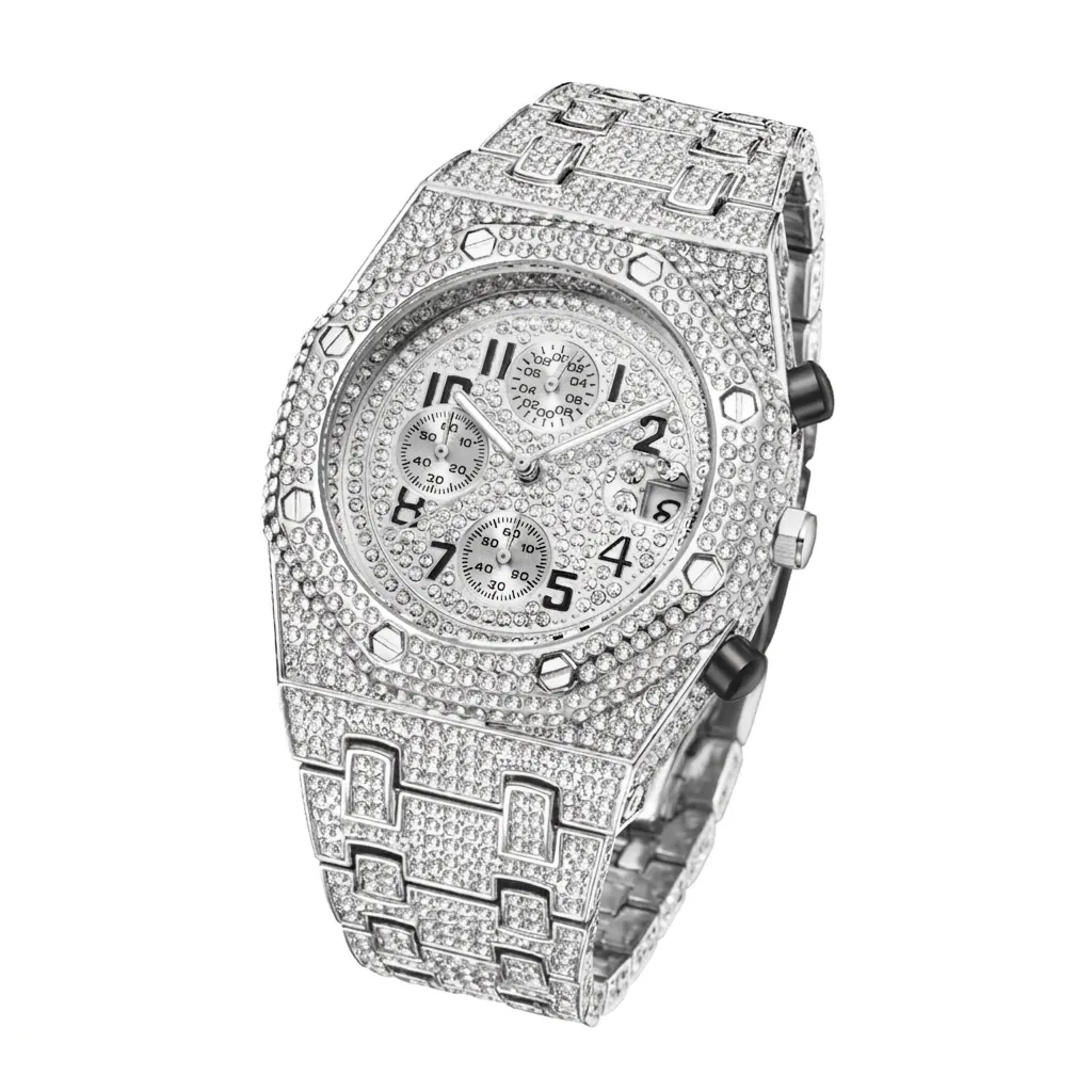 Men Chronograph Quartz Watch Full Rhinestone Iced Out Hip Hop Fashion Sporty Waterproof Wristwatch With Date Display