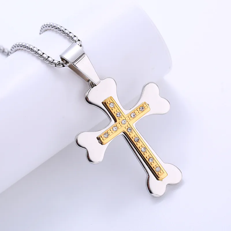 Cross Pendant Necklace 316L Stainless Steel Two-Tone Gold Bone Shape Rhinestone Inlaid Religious Vintage For Men