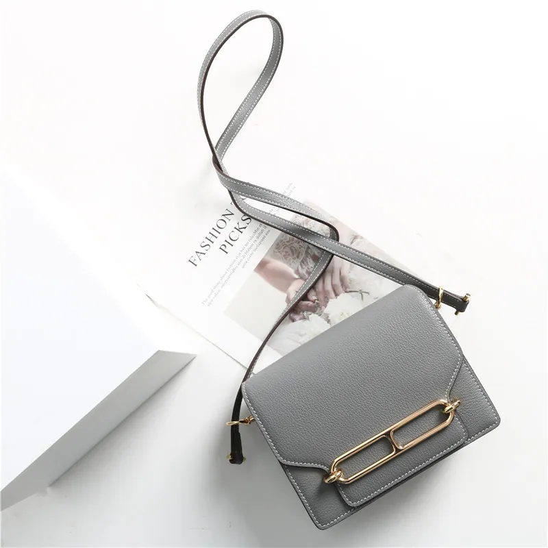 Borsa A Tracolla In Vera Pelle Donna Texture Litchi Crossbody Quadrata Patta Fibbia Dorata Cuciture A Contrasto Elegante