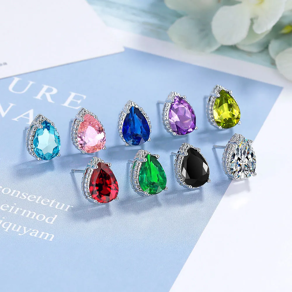Teardrop Stud Earrings For Women Pear Shaped Copper Cubic Zirconia Colorful Water Drop Gemstone Elegant Fashion Jewelry