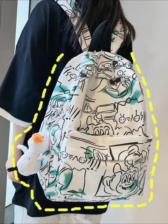 Graffiti Print Backpack Waterproof Oxford Cloth Large Capacity School Bag Street Style For Students With Duck Pendant