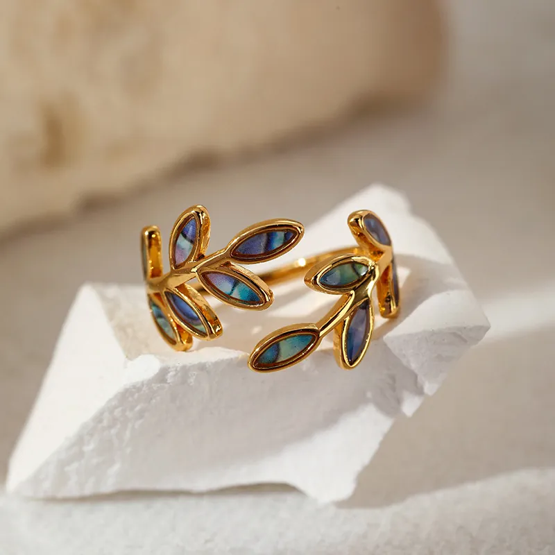 Leaf Adjustable Ring Gold Plated Stainless Steel With Iridescent Inlay Retro Elegant Jewelry For Women