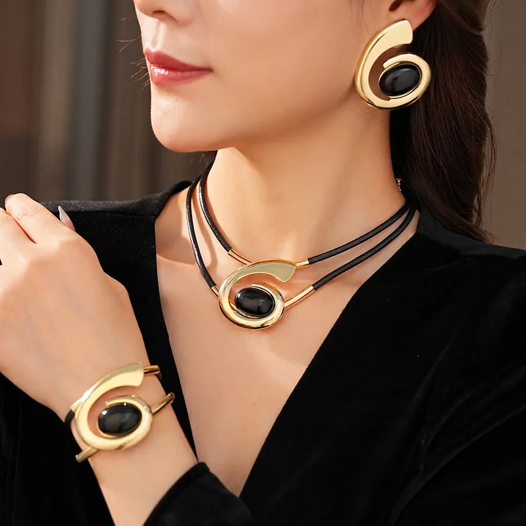 Vintage Spiral Jewelry Necklace Earrings And Bracelet Gold Plated Alloy Black Stone Geometric With Steel Earring Post