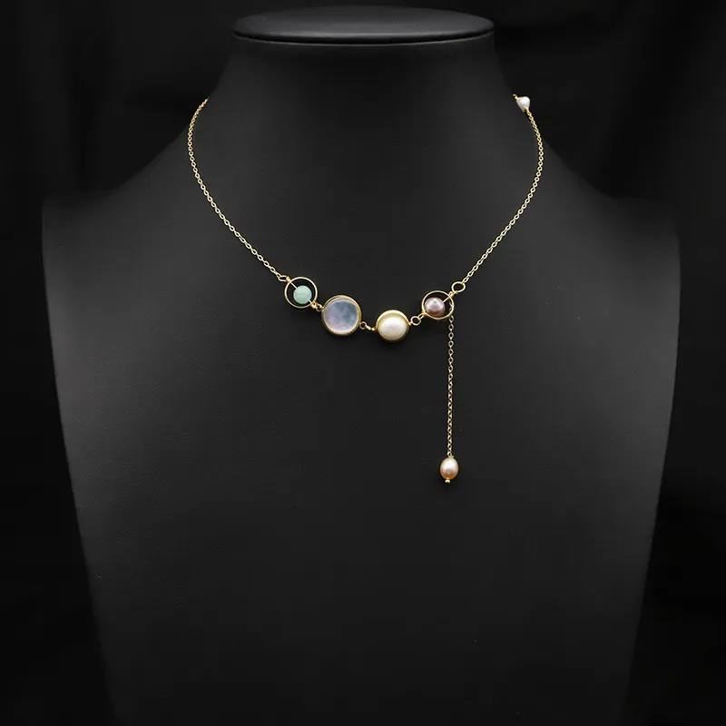 Natural Freshwater Pearl Necklace Asymmetric Crystal Jade Shell Pendant Gold Plated Copper Beaded Necklace For Women