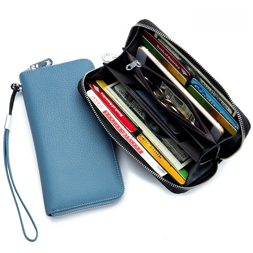 Genuine Cowhide Leather Long Zip Around Wallet For Women RFID Blocking Large Capacity Purse With Wristlet Strap