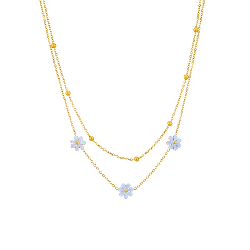 Layered Daisy Flower Pendant Necklace Titanium Stainless Steel White Shell Gold Tone Elegant Clavicle Chain Jewelry For Women