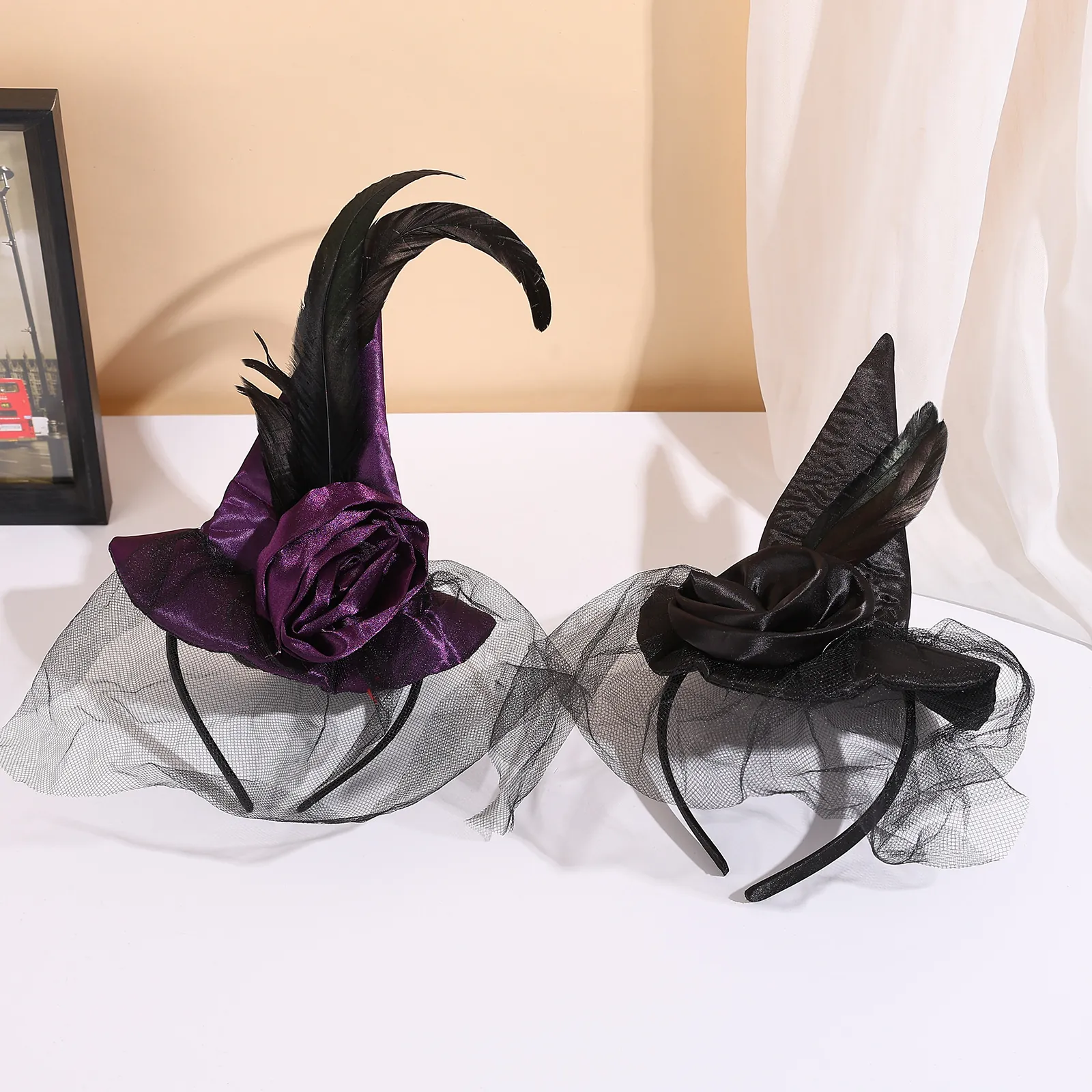 Halloween Witch Hat Headband Satin Rose Feather Mesh Veil Gothic Party Costume Accessory For Women Girls