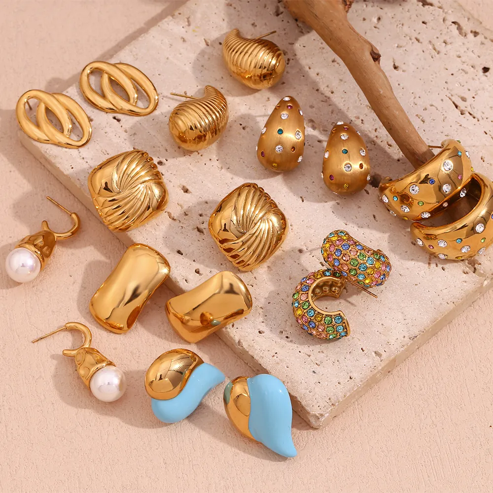 Vintage Geometric Earrings Women 18K Gold Plated 316L Stainless Steel Water Ripple Frosted Heart Faux Artificial Pearl Zircon