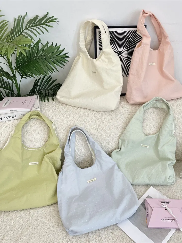 Damen Große Kapazität Canvas Tote Bag Mit Punkt Textur Herzmuster Freizeit Leichte Schultertasche Sommer