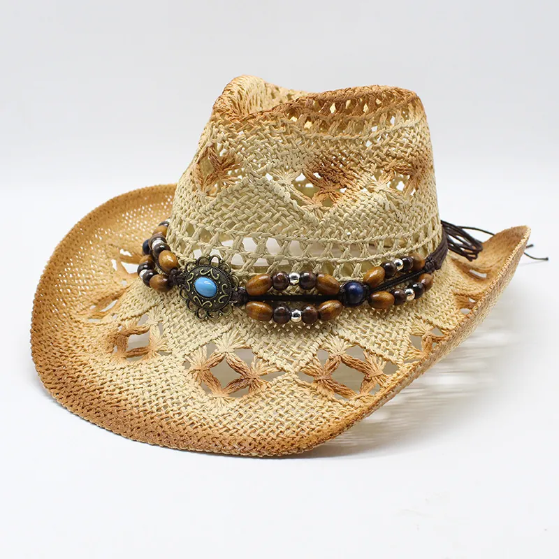 Cappello da Cowboy Etnico Vintage Traforato in Paglia per Uomini Donne Spiaggia Estiva Protezione Solare Traspirante Poliestere a Tesa Larga