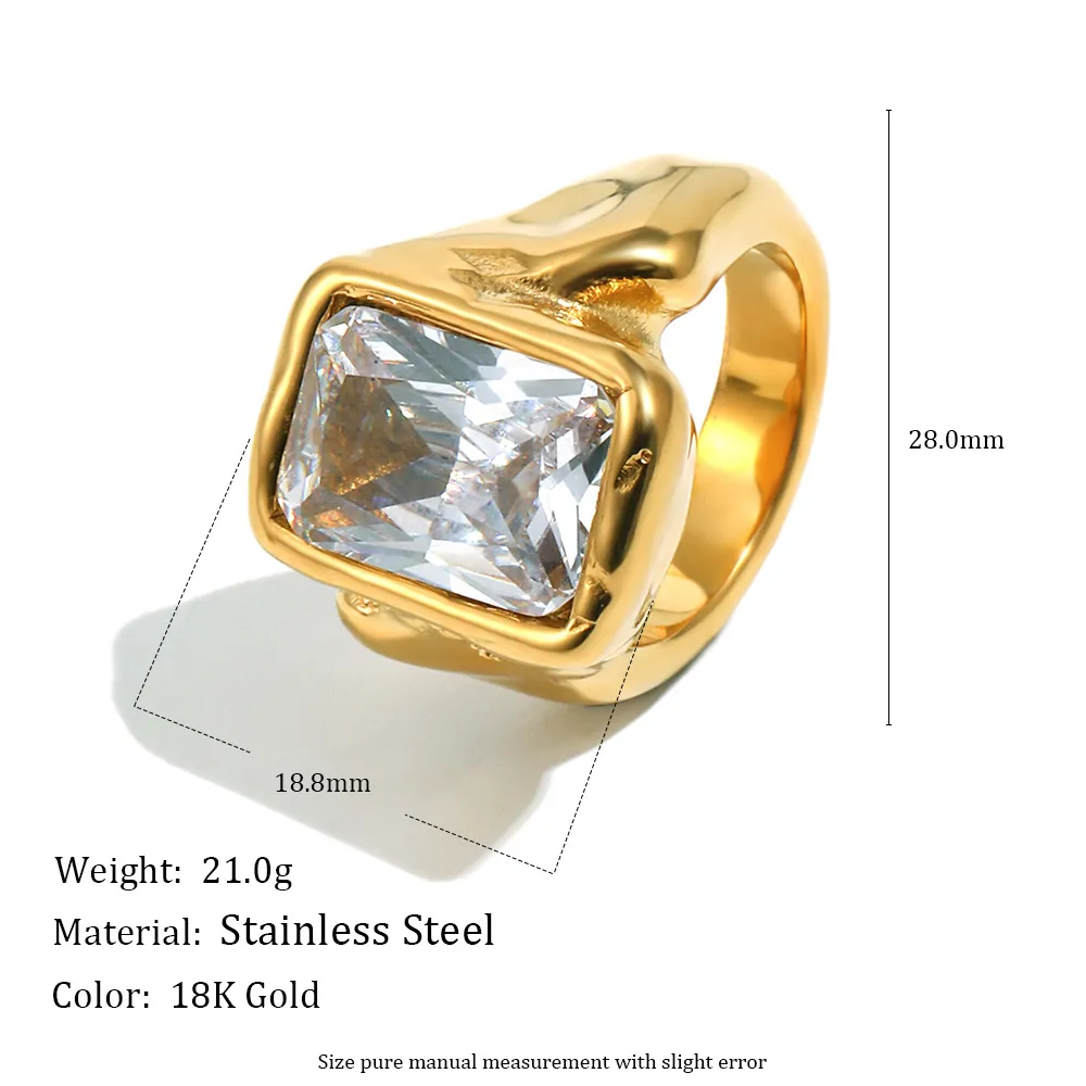 Rectangle Zircon Ring Stainless Steel 18K Gold Plated Melted Texture Chunky Wide Band Minimalist Jewelry For Women