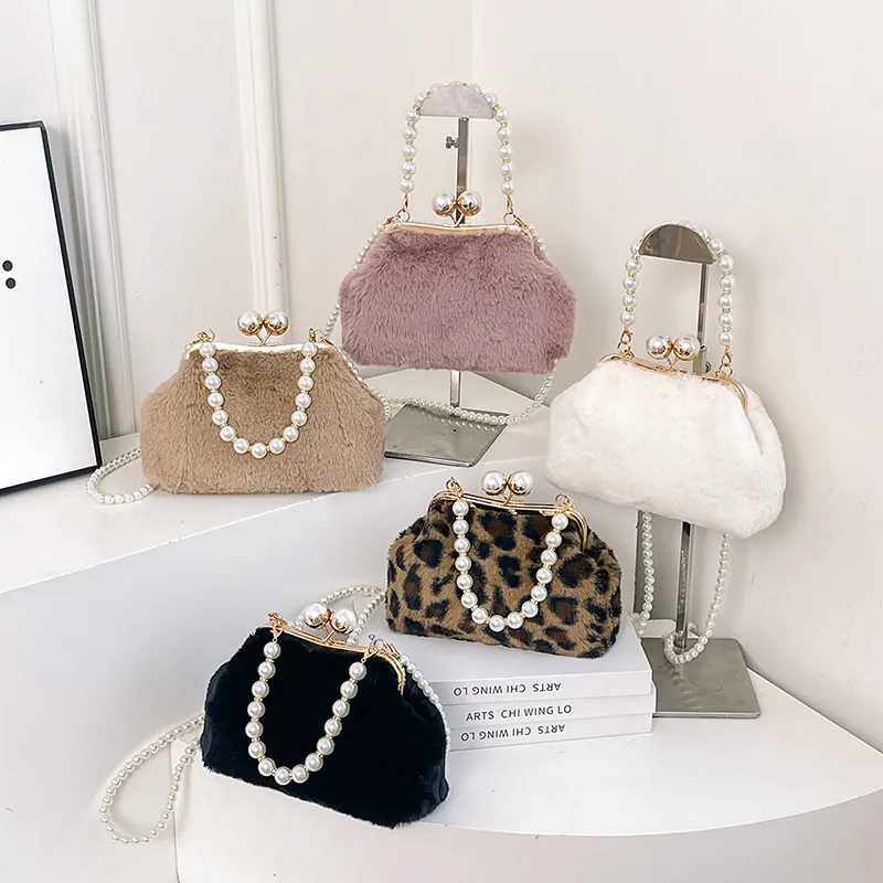 Women Faux Fur Plush Handbag With Artificial Pearl Top Handle Shell Evening Bag Crossbody Purse Metal Kiss Lock Clasp