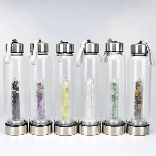 Crystal Elixir Water Bottle Natural Gemstone Infused High Borosilicate Glass With Stainless Steel Lid And Protective Sleeve
