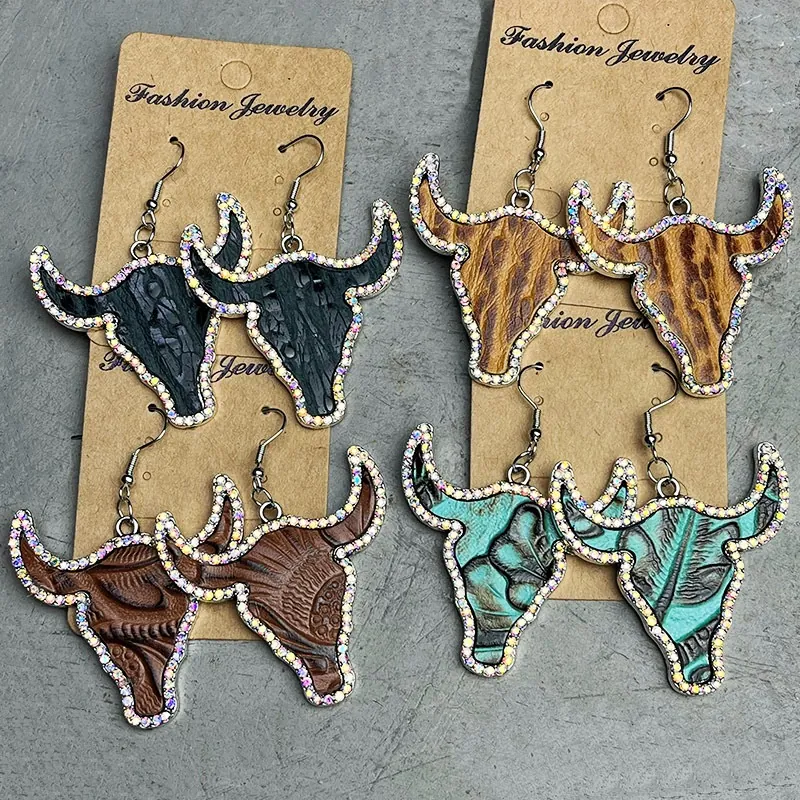 Bull Head Dangle Earrings Embossed Cowhide Alloy Rhinestone Bohemian Western Vintage Ethnic Style Jewelry For Women