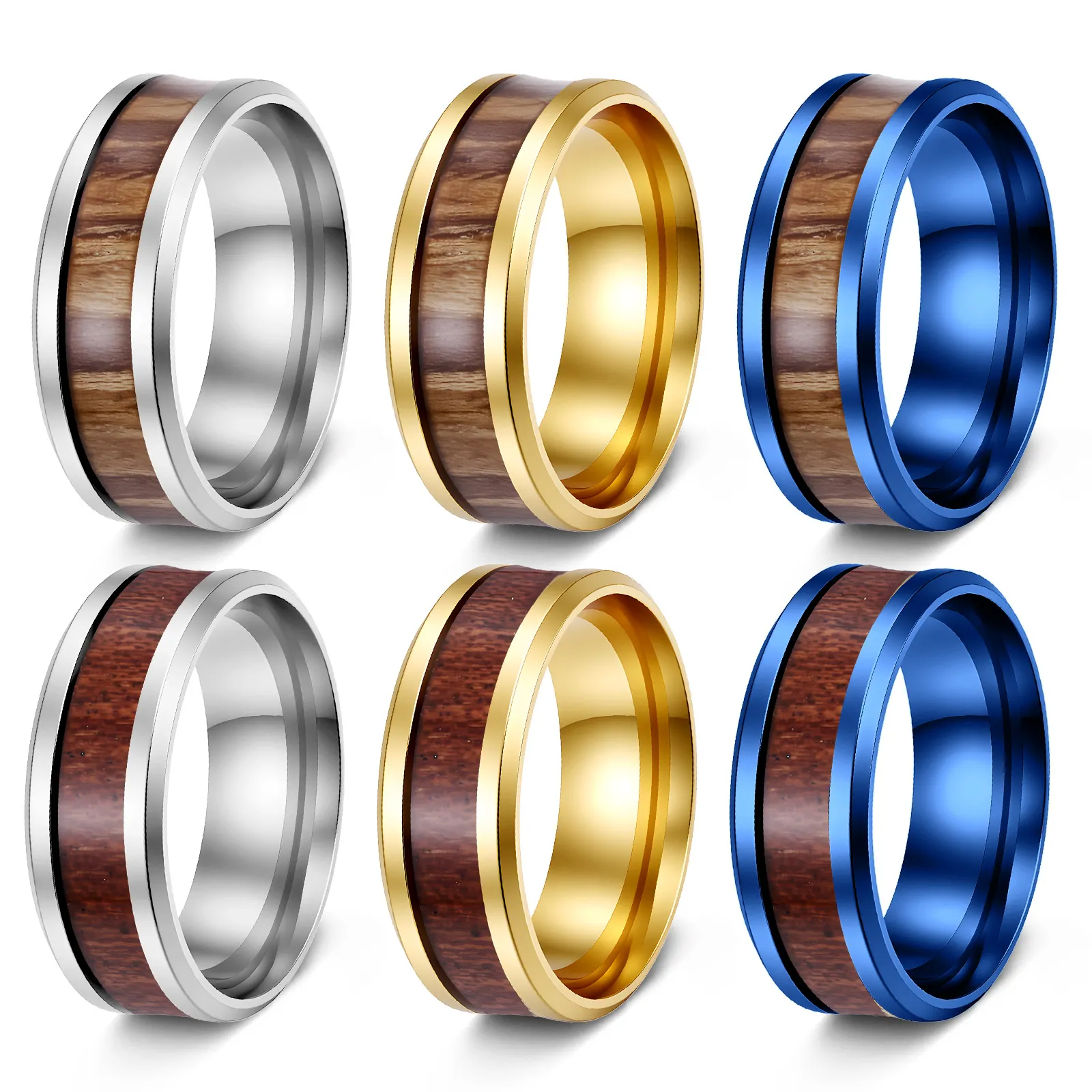 Bague Incrustation Bois Anneau Acier Inoxydable Pour Hommes Bijoux Mode Teck Acacia Style Industriel Unisexe