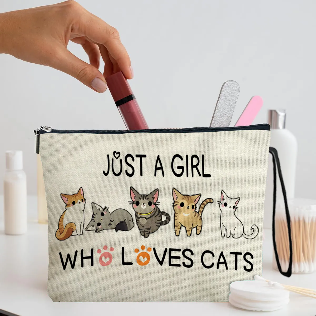 Cute Cat Cartoon Makeup Bag Dense Linen Portable Travel Cosmetic Pouch With Zipper And Wristlet Strap For Women Girls