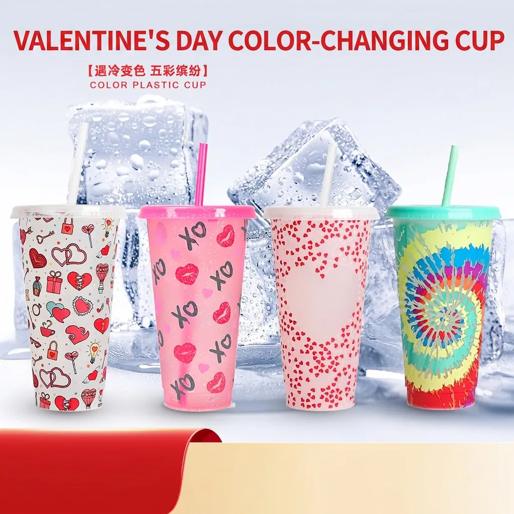 Color Changing Plastic Straw Cup With Lid Cold Sensitive Reusable Holiday Tumbler Christmas Halloween Party Drinkware