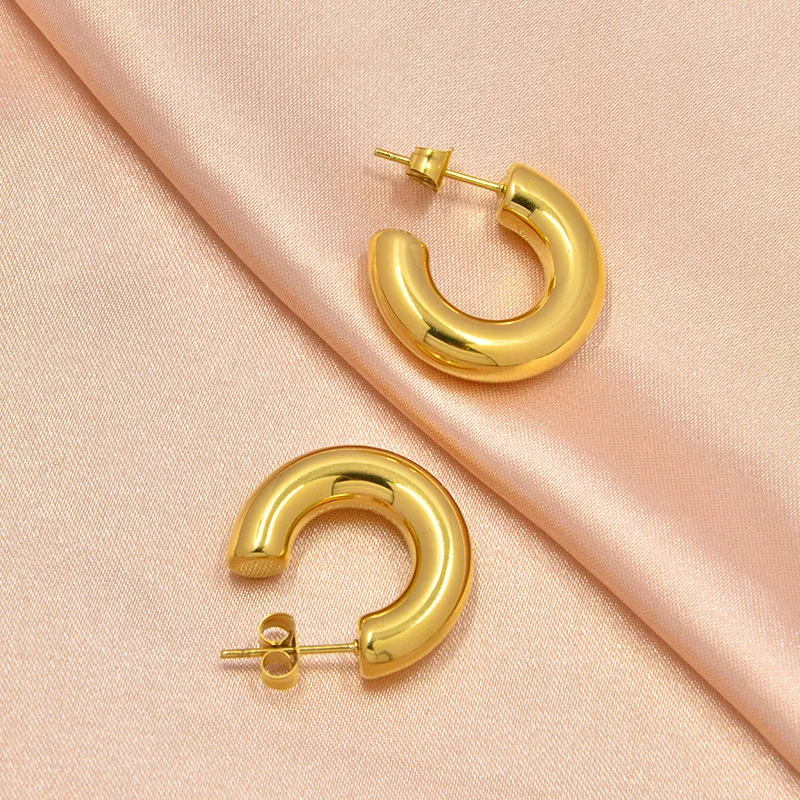 C Shaped Hoop Earrings Minimalist Chunky Hollow Titanium Steel Geometric Mirror Polish Jewelry For Women