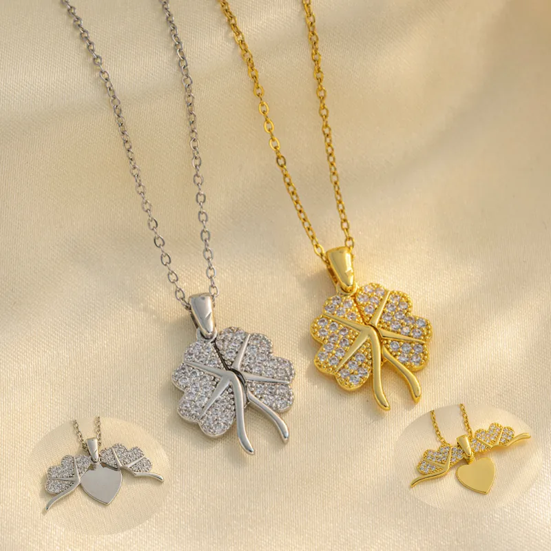 Creative Foldable Four Leaf Clover Heart Pendant Necklace Stainless Steel Rhinestone Inlaid Clavicle Chain Jewelry For Women Gift