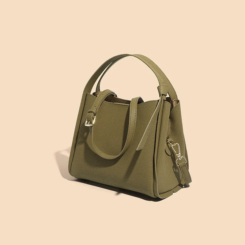 Women Genuine Cow Leather Bucket Bag Minimalist Lychee Pattern Crossbody Shoulder Handbag Top Handle Urban Fashion