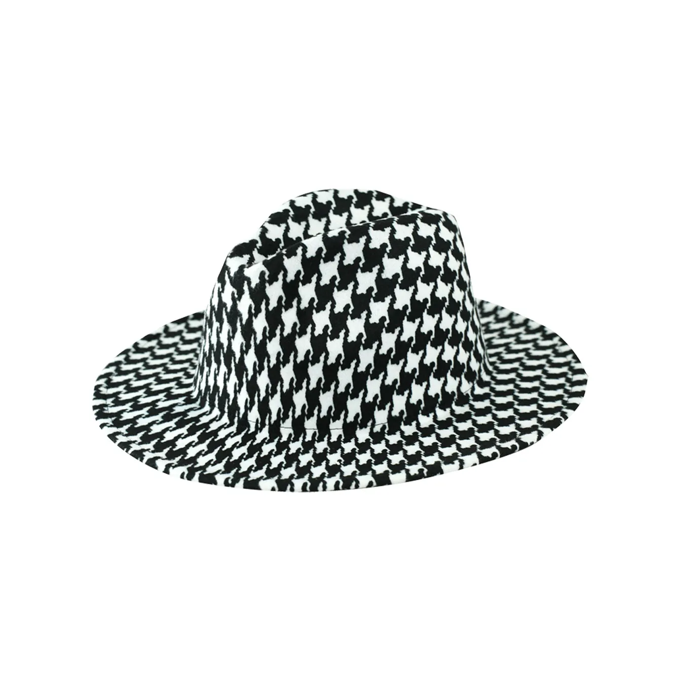Vintage Houndstooth Fedora Hat Black And White Pattern Polyester Woolen Feel Flat Top Wide Brim Jazz Cap For Women