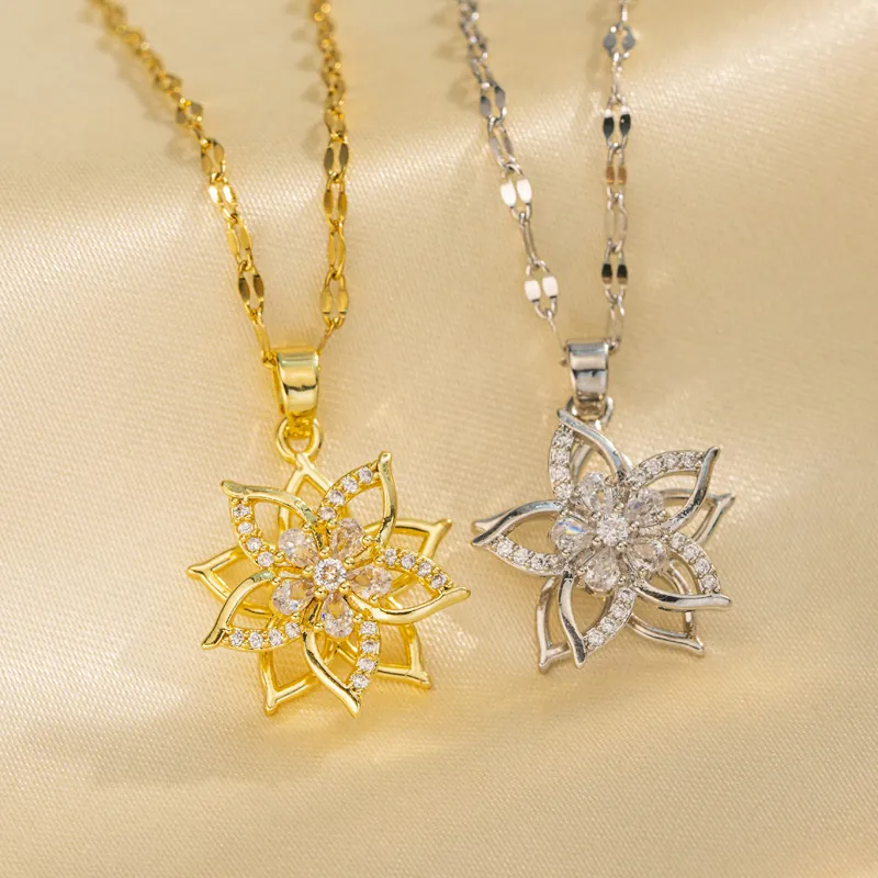 Spinning Petal Flower Pendant Necklace Titanium Steel Cubic Zirconia Double Layer Hollow Elegant Neckchain For Women