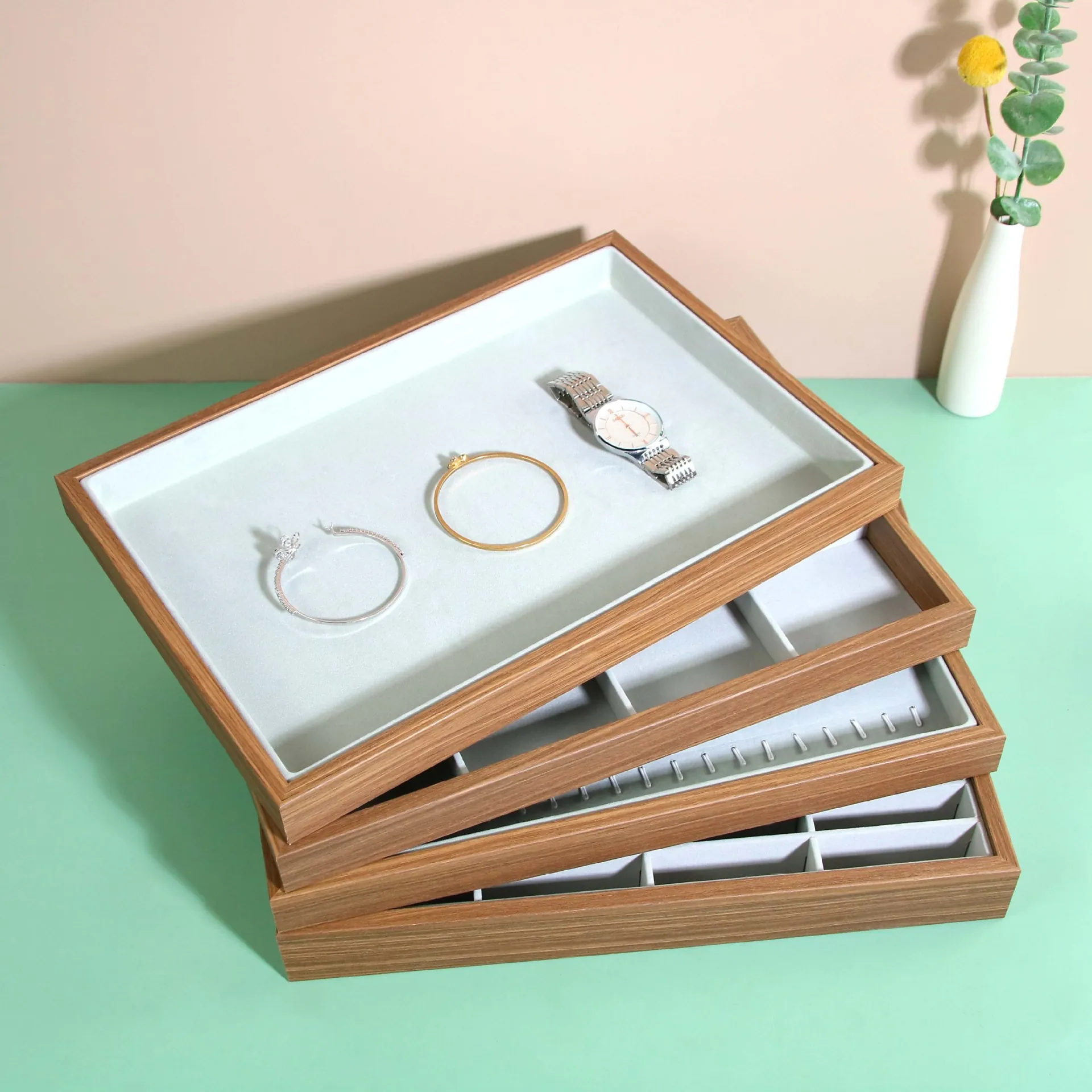 Wooden Jewelry Display Tray Velvet Lining Organizer Box For Ring Earring Necklace Bracelet Storage Showcase
