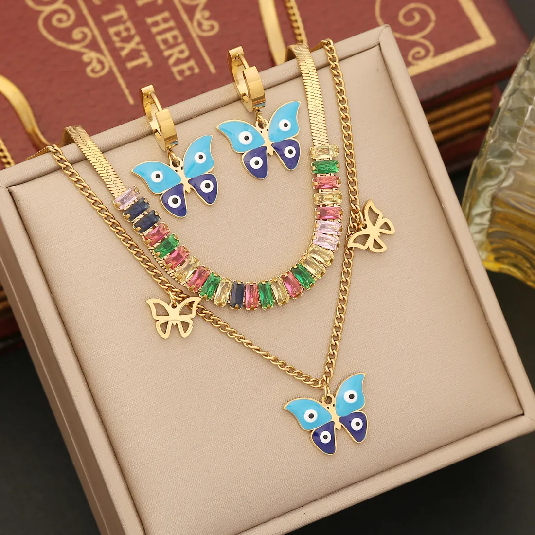Doppellagige Schmetterling Halskette Edelstahl Böser Blick Anhänger Bunte Zirkonia Eingelegter Schmuck Für Damen Mode
