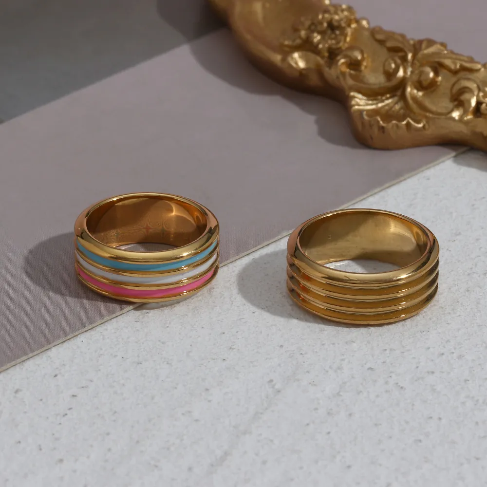 Vintage Stainless Steel 18K Gold Plated Enamel Striped Ring For Women Colorful Drip Oil Threaded Geometric Band Jewelry