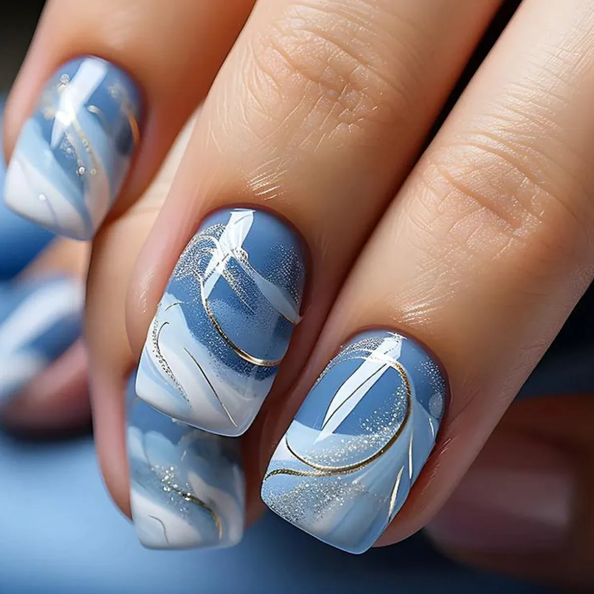 Short Square Press On Nails Light Blue White Marble Texture With Gold Lines Silver Glitter Removable False Nails For Women