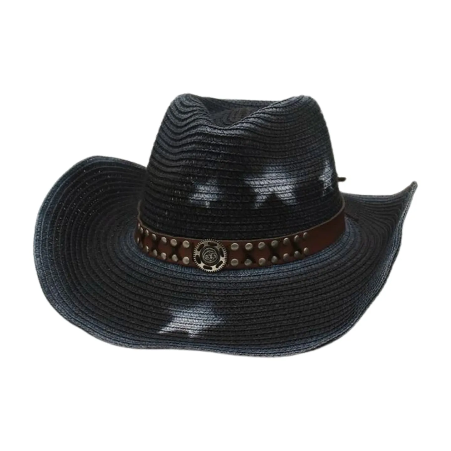 Western Cowboy Straw Hat Woven Star Pattern Wide Brim Sun Protection Hat With Rivet Leather Belt And Adjustable Lanyard