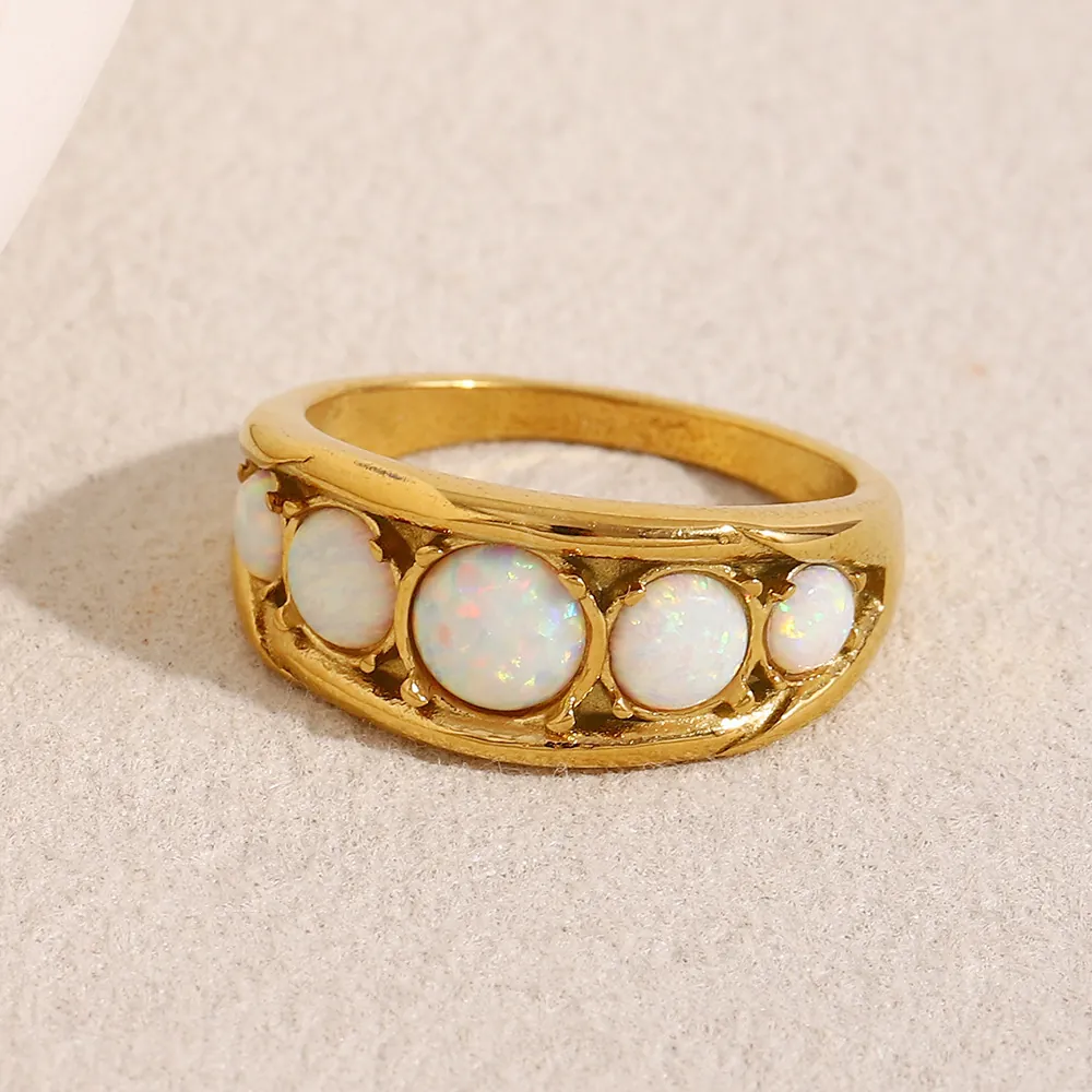 Opal Ring Vintage 18K Gold Plated Stainless Steel Row Jewelry For Women French Style Elegant Fashion Ring