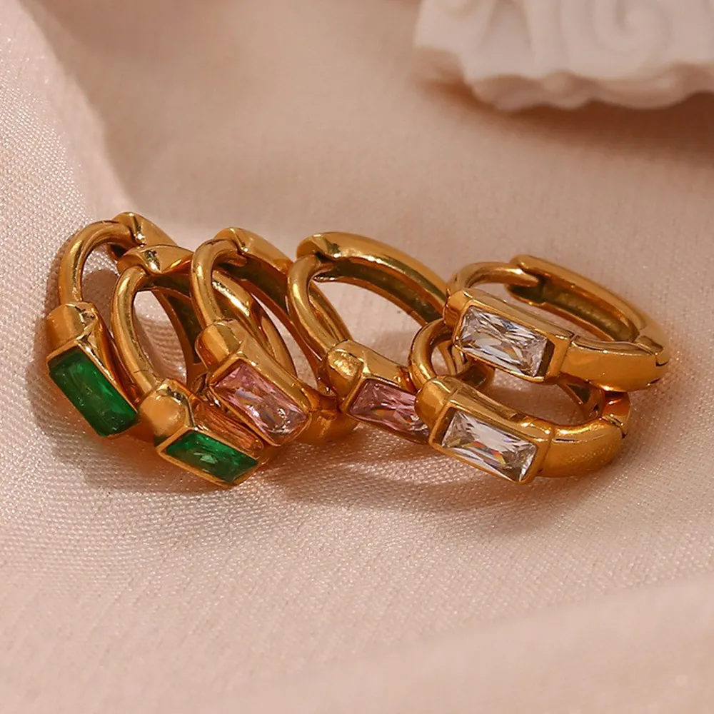 Boucles d'Oreilles Créoles Rétro en Acier Inoxydable pour Femmes Plaqué Or Géométrique Strass Bijoux Huggie