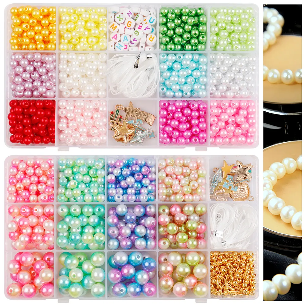 DIY Jewelry Making Kit With Imitation Artificial Pearl Beads Acrylic Letter Beads Alloy Pendants And Elastic Thread Handcraft Set